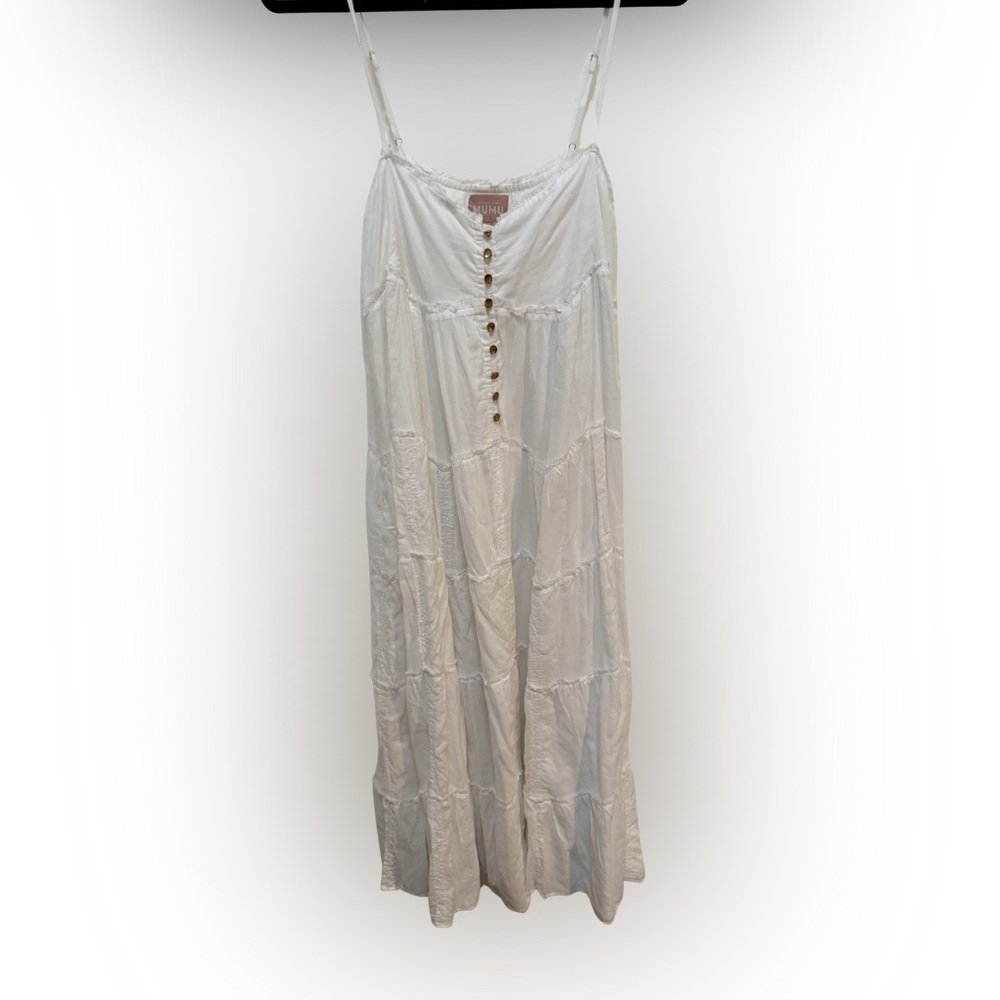 Flowy Ruffle Tiered Gracie Midi Cotton Dress in White Voile Dress Brass Buttons